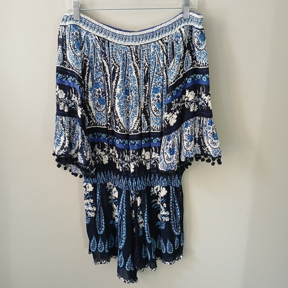 Lilka by Anthropolgie Sz S‎ Paisley Tassel Vada Romper Blue White Bell Sleeve